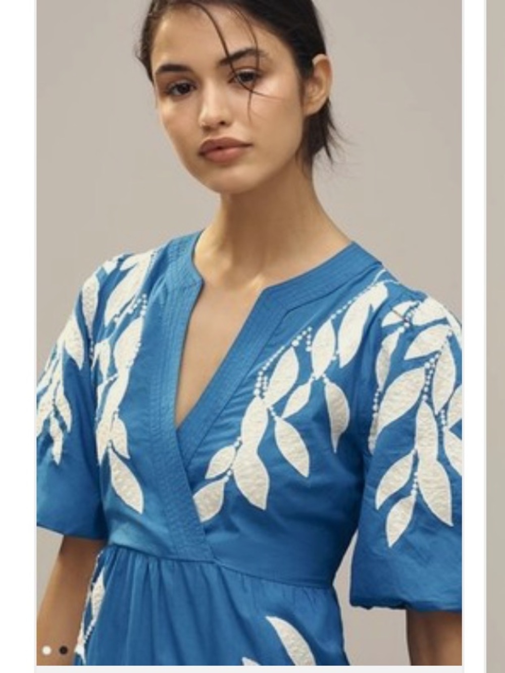 Anthropologie Cobalt Blue Dress with White Leaf Embroidery - Picture 2 of 6